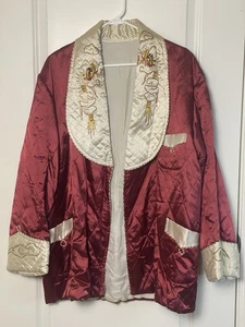 Vintage Satin Steppjacke bestickt rot 50er Jahre Smoking Sakko Morgenmantel - Bild 1 von 21