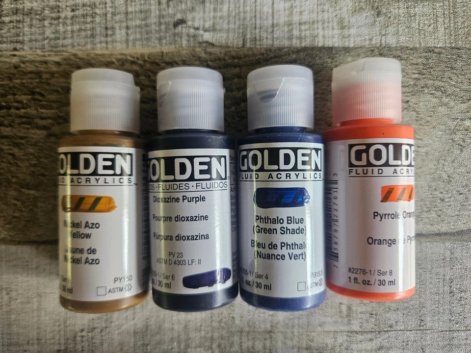Golden Fluid Acrylics Paint 1 oz Pyrrole Orange Dioxazine Azo Yellow Phthalo Blu - Image 1 of 1