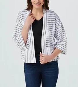 Isaac Mizrahi Live! Striped Knit Kimono with Patch Pockets, White, New, Size M - Picture 1 of 4