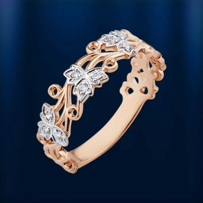 Solid rose gold 585 /14ct Grape vine leaf ornament CZ Ring band ring NWT - Image 1 of 2