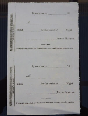 4 ANTIQUE MILITARY BLAIRGOWRIE ARMY BILLET VOUCHERS~19th CENTURY SCOTLAND/PERTH - Image 1 of 3