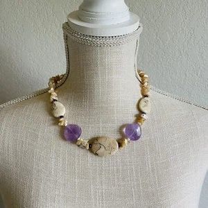 Hand made Navajo Smoky Quartz Amethyst Plume Agate and Shells Necklace - Picture 1 of 5