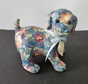 1980 Porzellan Patchwork 8" Hund Figur Joan Baker Decoupage blau Blumendekor - Bild 1 von 8