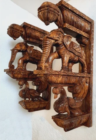 24" Wooden Elephant Wall Corbel with Peacock Pair Vintage Style Wall Bracket New Cover