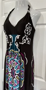 En Focus Studio Womens Maxi Dress V Neck Halter Geometric Print Brown Women's 16 - Picture 1 of 10