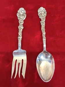 Hand Engraved USA Gorham serving spoon & fork solid sterling silver 193 Grams - Picture 1 of 23