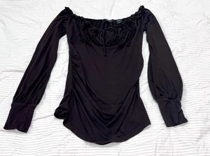 Arden B Shirt Womens Medium Y2K Keyhole Neck Fringe Neckline Fitted Ruched Brown - Picture 1 of 10
