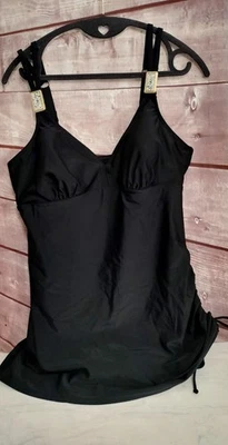 Christina Swimsuit Women's Sz 12D Black Tie Gathering Leopard Accents Slimming - Image 1 of 4