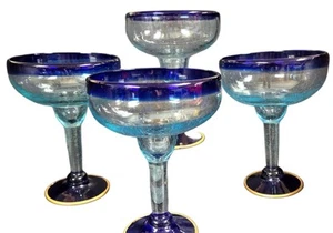 Set di 8 bicchieri margarita grandi vintage messicani soffiati a mano blu cobalto - Foto 1 di 6