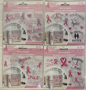 Breast Cancer Awareness 4Pks Of 25 2Pks Pink Foil 2Pks Glitter Tech Stickers~Ne - Picture 1 of 2