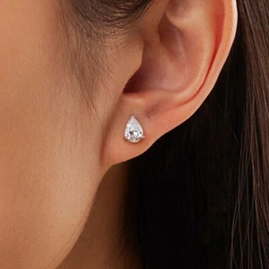 3CT PEAR CUT CREATED DIAMOND SOLITAIRE STUS EARRINGS 14k WHITE GOLD PLATED - Picture 1 of 6