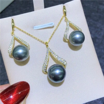 Stunning AAA+10-11 mm Tahiti Black Pearl Pendant Earrings Necklace 925 Set - Изображение 1 из 4