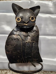 Vintage Metal Folk Art Cat Tea Light Candle Holder 6.25" Tall Black Goldtone - Picture 1 of 11