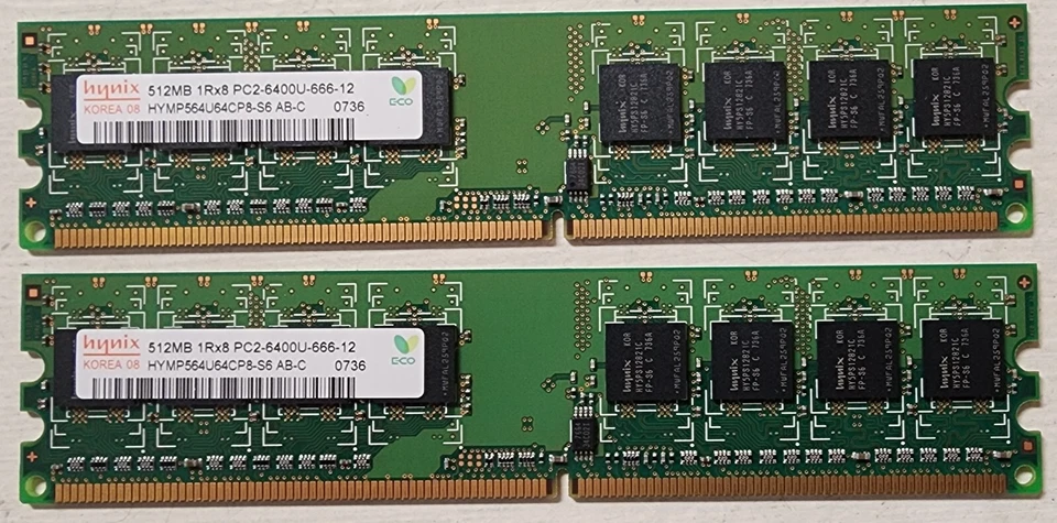 2 Hynix 512MB 1Rx8 PC2-6400U-666-12 - 1GB Total - Image 1 of 2