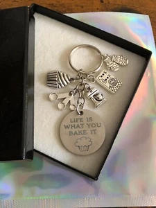Life Is What You Bake It Key Ring Or Bag Charm Set Cupcake Cook Book Gloves Gift - Picture 1 of 8