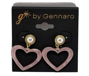 Gold Tone Pink Dangle Hearts Faux Pearl Earrings NEW - Picture 1 of 2