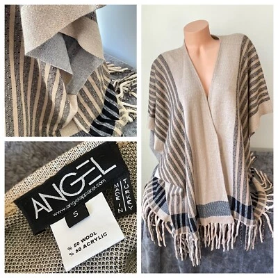 Duster Cardigan Poncho Wrap Fringe Wool Blend Black Beige S One Sz $273 Open - Image 1 of 4