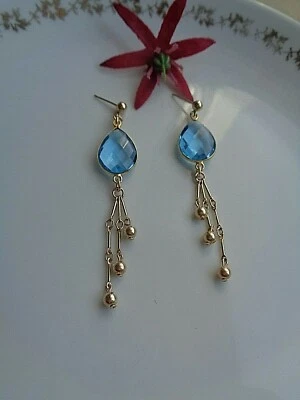 Lange Gold Ohrringe mit Blautopas in tollem Design, Gold Filled - Bild 1 von 4