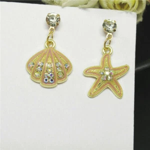 Cute New Yellow Gold Pink Enamel & Crystal Starfish Shell Stud Dangle Earrings - Picture 1 of 6