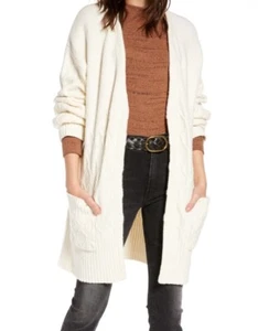 Treasure & Bond Duster Cardigan Sweater SZ S Ivory Pockets Ribbed Trim Open NEW - Picture 1 of 8