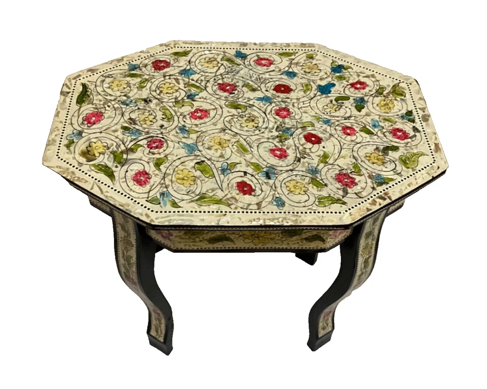 Handmade Wooden End Table Carving Wood Table Home Decor Mother of Pearl Inlay - Image 1 of 4