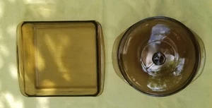 Lote de 3 piezas Cazuela de cristal ámbar Corning PYREX con tapa y panadero cuadrado - Imagen 1 de 3