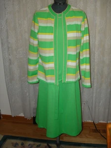 Vtg 70's Lady Match Mates Polyester Canary Multi Seledyne Set Jacket Dress 18 - Picture 1 of 11