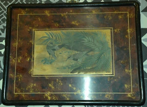 Altes bemaltes Holztablett,wohl China,mittig zwei Vögel auf Gold-Hintergrund - Bild 1 von 4
