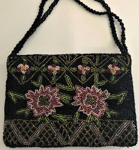 VTG CHRISTIANA Black Floral Beaded Evening Bag, 7"