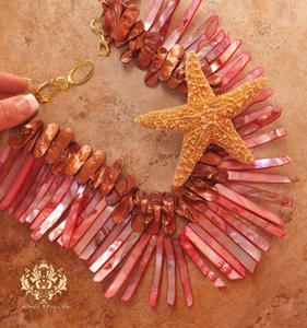 Real Starfish Pendant Mother of Pearl Pink Cinnamon Brown XL Statement Necklace - Picture 1 of 1