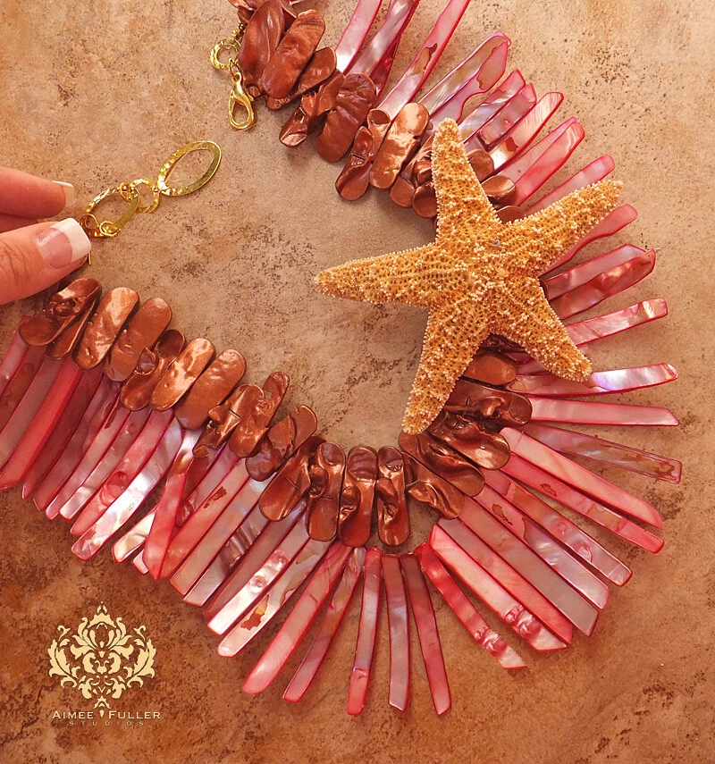 Real Starfish Pendant Mother of Pearl Pink Cinnamon Brown XL Statement Necklace - Image 1 of 1