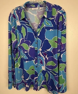SUSAN GRAVER Shirt Womens Medium Button Up Blouse Top Liquid Knit Blue Green - Picture 1 of 9