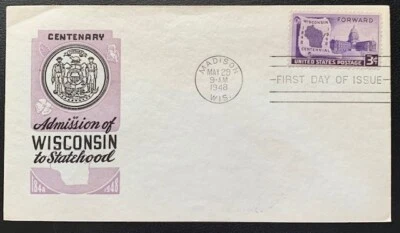1948 FDC CENTENARY WISCONSIN TO STATEHOOD MADISON WISCONSIN SCOTT #957 - Image 1 of 2