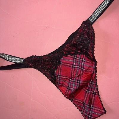 Victoria's Secret XS,L thong panty RED BLACK lace PLAID SHINE STRAP VERY SEXY - Image 1 of 3