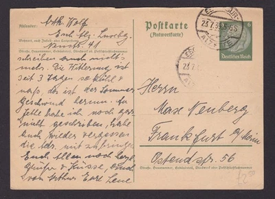 ALEMANIA 1939, Tarjeta de respuesta preestampada a Frankfurt, pieza de respuesta, usada Foto 1 de 2