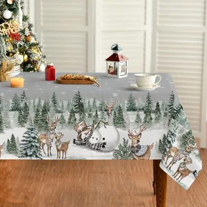 Christmas Tablecloth 60×84 Inch Rectangular, Deers Snowman Trees Grey Washabl... - Bild 1 von 6