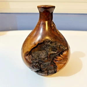 Vintage Mid Century Hand Turned Live Edge Intricate Burl Wood Small Bud Vase 4” - Picture 1 of 11