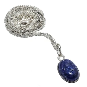 Natural Lapis Lazuli Gemstone 925 Sterling Silver Necklace z966 - Picture 1 of 6