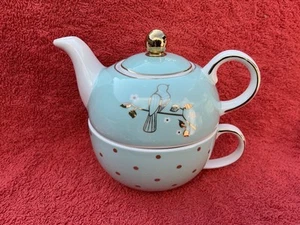 BOMBAY DUCK LONDON MISS DARCY BIRD TEAPOT & MUG FOR ONE SET MINT GREEN/GOLD (C) - Picture 1 of 16