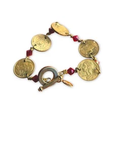 Vintage Women's 7" Franc Coin and Red Bead Toggle Bracelet - Picture 1 of 5