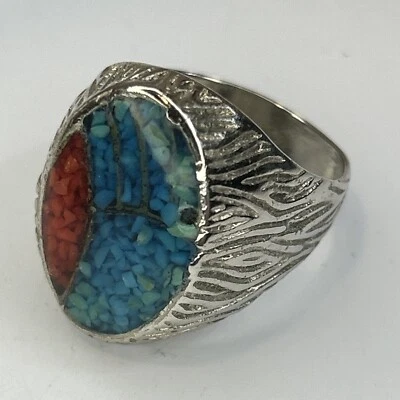 Anillo de plata aplastado azul turquesa rojo coral talla: 11,5 1970-80 Foto 1 de 4