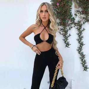Black Knit Ribbed Two Piece Crop Top And Pants Set Sexy Womens Size L Boutique - Picture 1 of 5