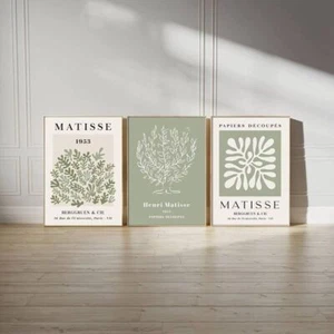 Matisse Sage Green Flower Canvas Art Prints Unframed 3pce 40cm x 30cm each - Picture 1 of 7