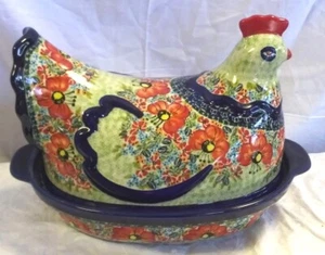 Polish Pottery Boleslawiec UNIKAT Green & Cobalt Poppy Hen Covered Dish 13" 14D - Picture 1 of 7