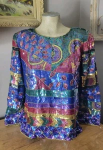 Vintage Jean Joseph Le Bon Stunning Glamorous Multicolor Shirt Sequin Tunic M - Picture 1 of 14
