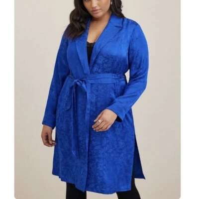 NWT Torrid Royal Blue Jacquard Tie Waist Open Front Trench Coat 2X - Image 1 of 4