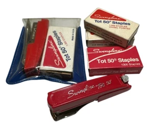 2 Vintage Red Swingline Tot 50 Mini Staplers with 4 Packs Of Staples WORKS Read - Picture 1 of 3