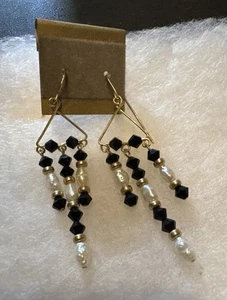 14k Gold Filled French Hook Earrings w/ Black Faceted Crystal, Pearl & 14K Beads - Picture 1 of 3