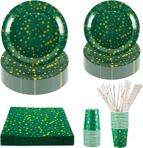 Set Da Tavola Da 125 Pezzi, Con Stelle Verdi E Dorate, Piatti Di Carta Laminata, - Foto 1 di 12
