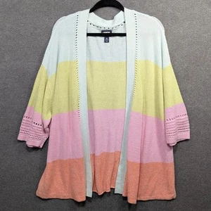 Lands End Rainbow Striped Cardigan Womens 3X Open Knit Beachy Pastel Linen - Picture 1 of 10